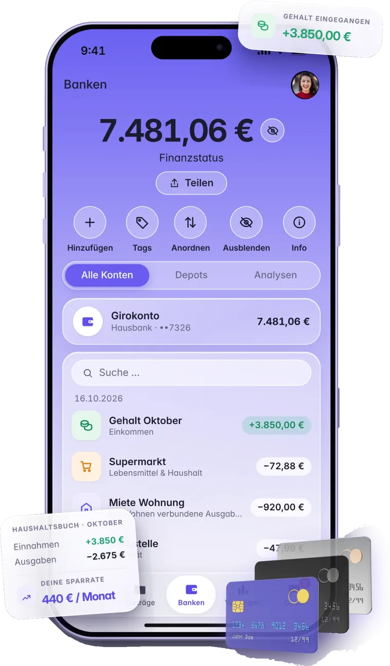 Finanda App Banken mit Kontostand und kategorisierten Umsätzen